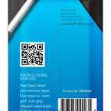 Back of golf grip cleaning wipes pack with instructions