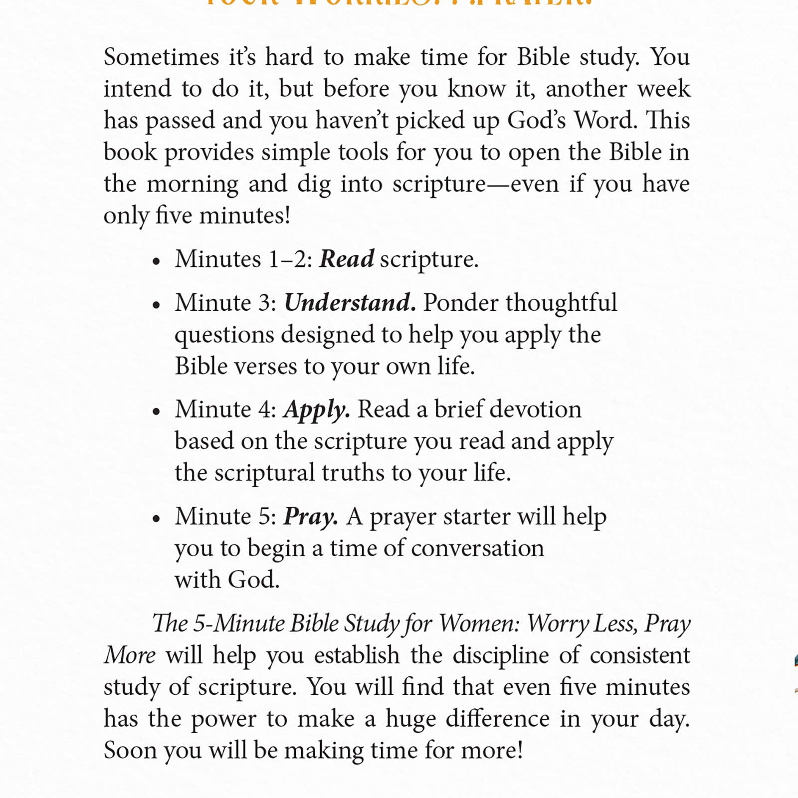 The 5-Minute Bible Study for Women, Worry Less Pray More, Barbour Publishing book cover