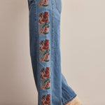 Floral side panel wide-leg denim jeans in washed denim - back view