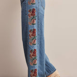 Floral side panel wide-leg denim jeans in washed denim - back view