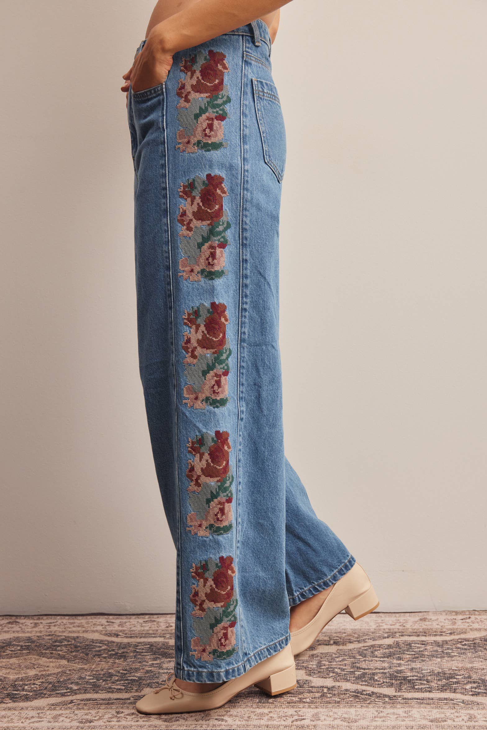Floral side panel wide-leg denim jeans in washed denim - back view