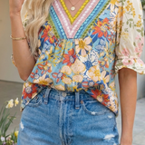 Crochet V Neck Half Sleeve Boho Floral Blouse
