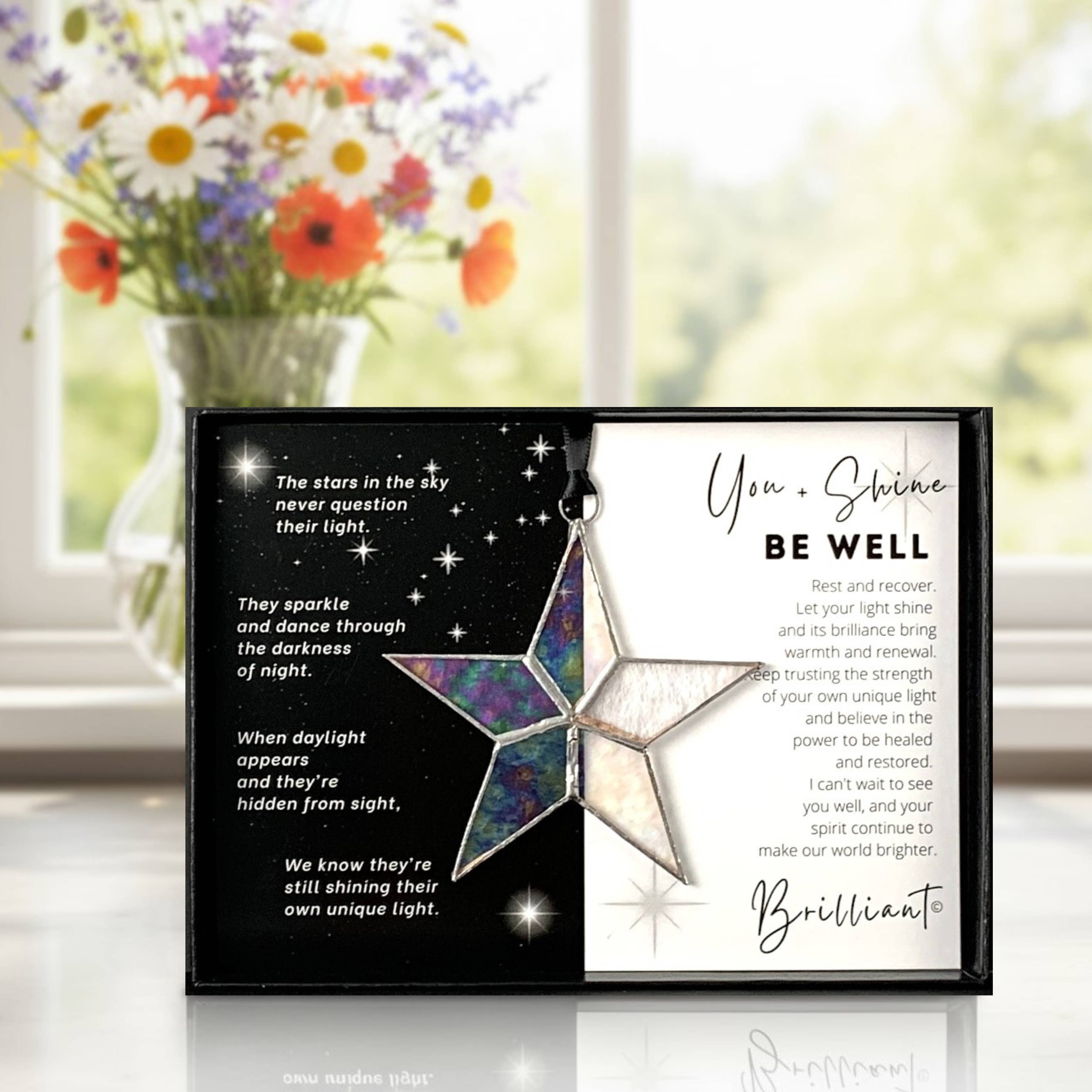 You + Shine Be Well handmade iridescent stained glass star with sentiment card