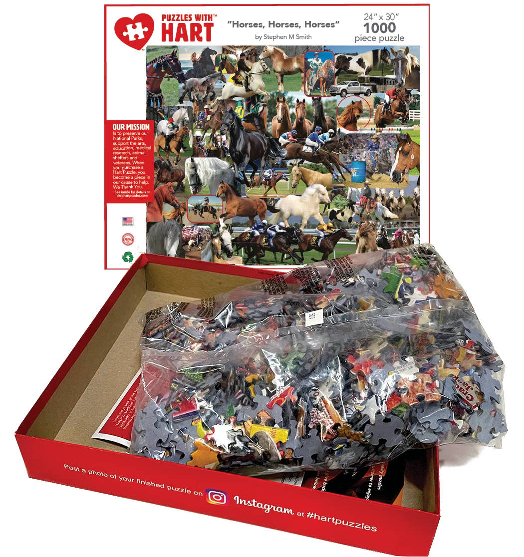 Horses, Horses, Horses puzzle box opened with bagged pieces and the finished image on the lid