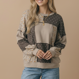 Round Neck Mixed Print Patchwork Pullover