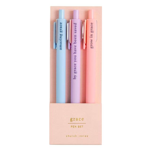 Grace Bible study pen set, three gel pens in light blue, purple and pink