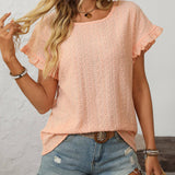 Dark Blue Solid Color Crewneck Sweet Short-Sleeve Hollow-Out Top
