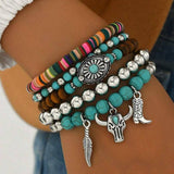 Turquoise Western Pattern Turquoise Beaded Multi Layer Bracelet Set