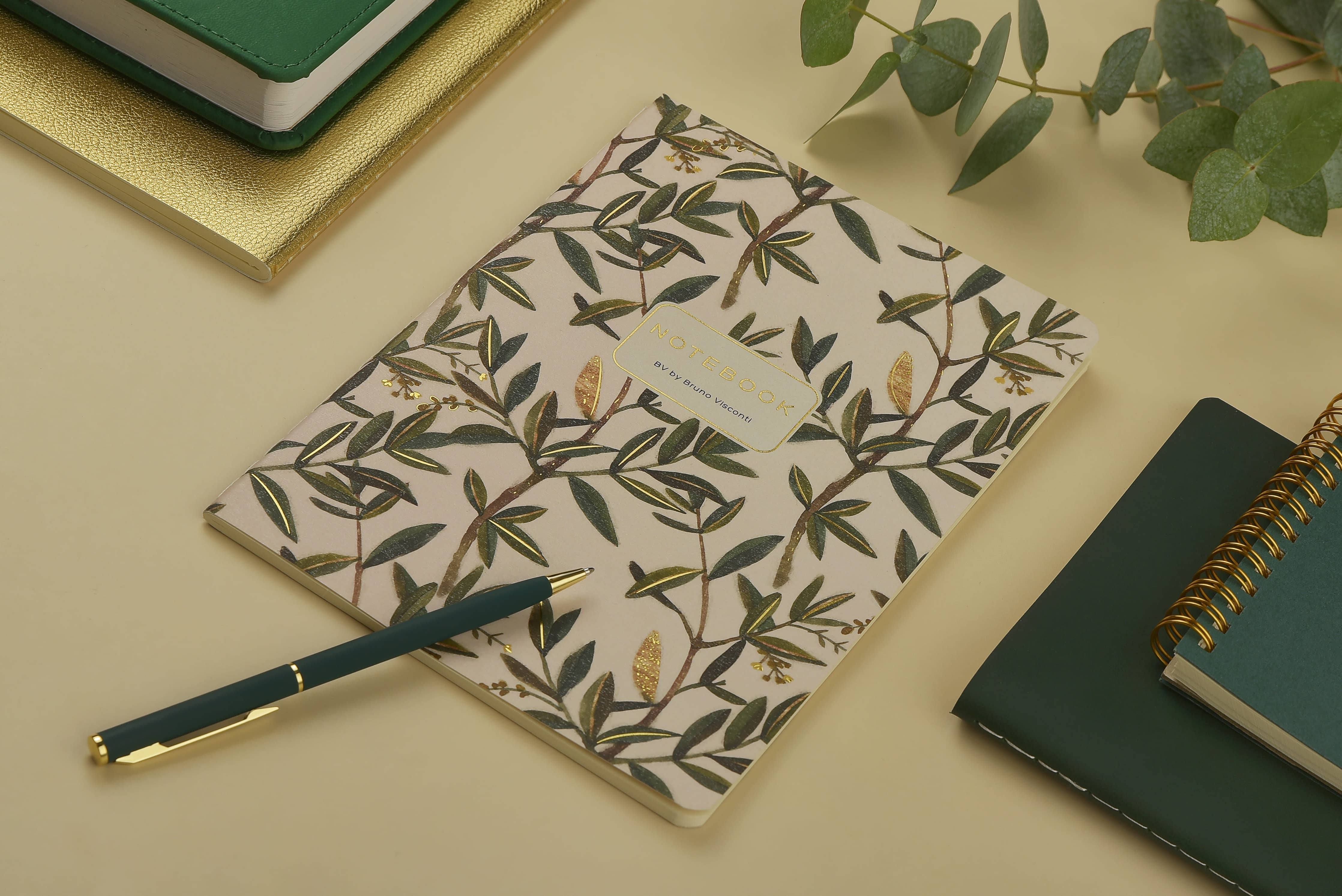 A5 soft-touch notebook with an olive branch cover design, interior ruled pages