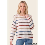 Taupe crochet sweater with multi color stripes