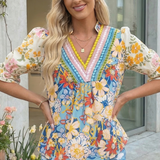 Crochet V Neck Half Sleeve Boho Floral Blouse