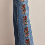 Floral side panel wide-leg denim jeans in washed denim
