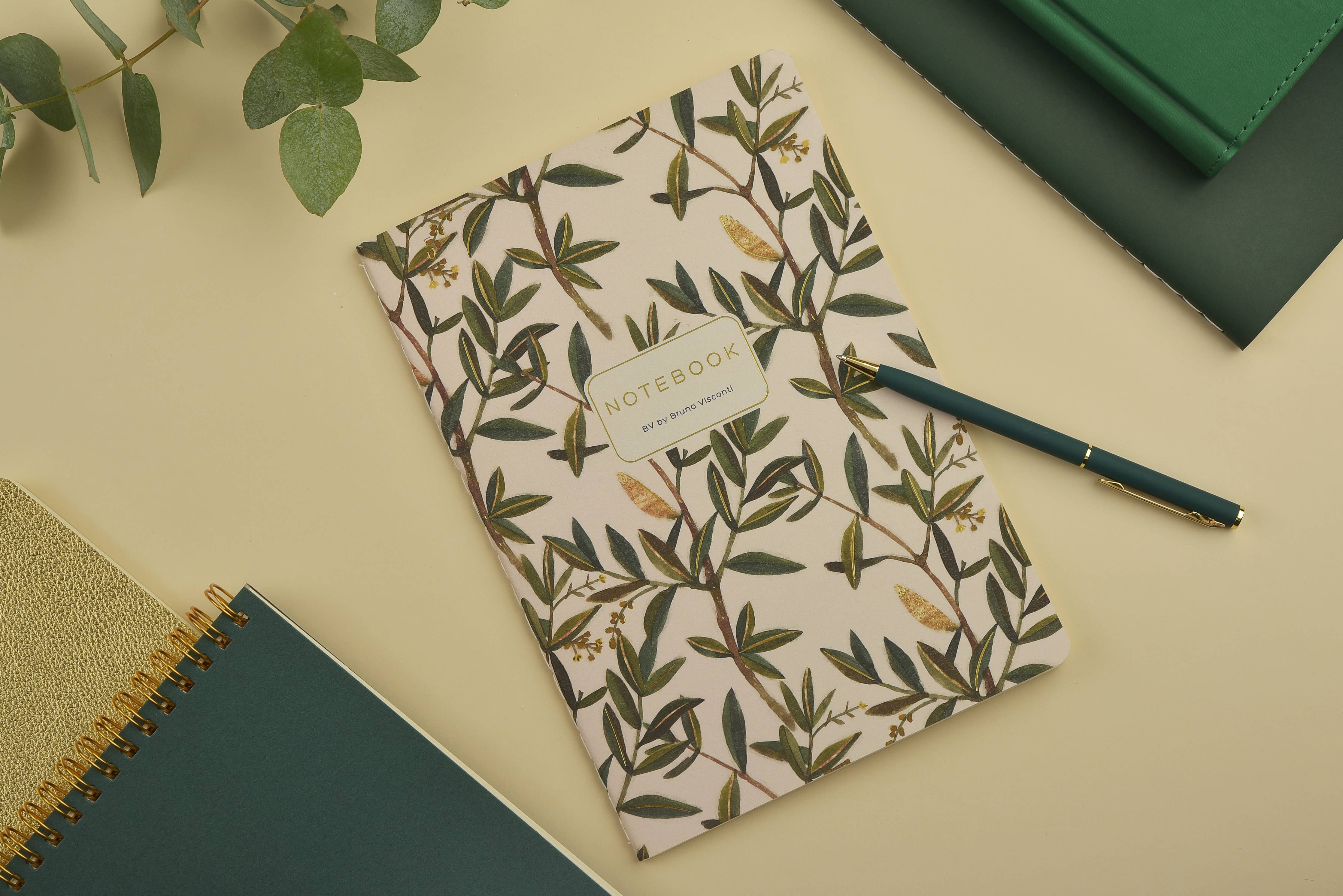 A5 soft-touch notebook with an olive branch cover design, detail view