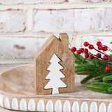 Natural wood house with a white tree cutout insert