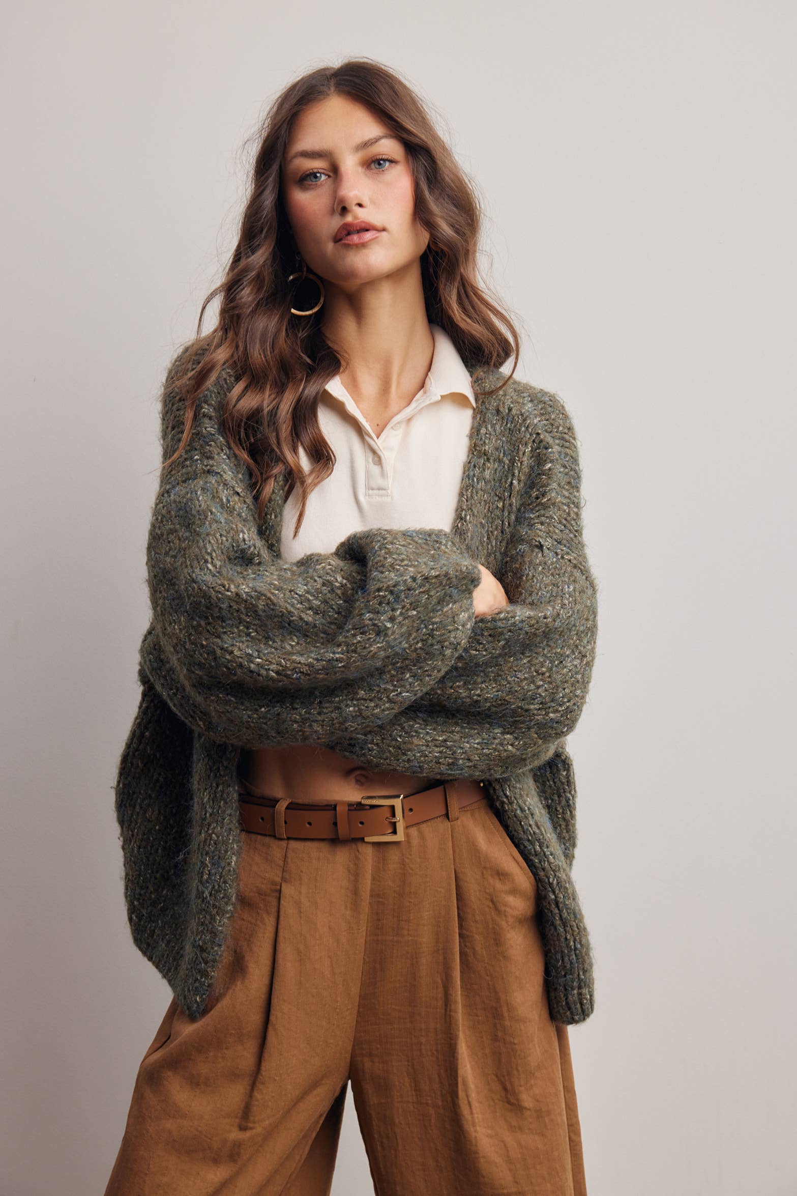 Chunky Soft-Touch Knit Cardigan in Olive – 1