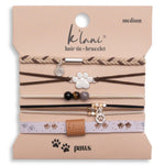 Paws hair tie bracelet set in natural tones with silver paw print charms