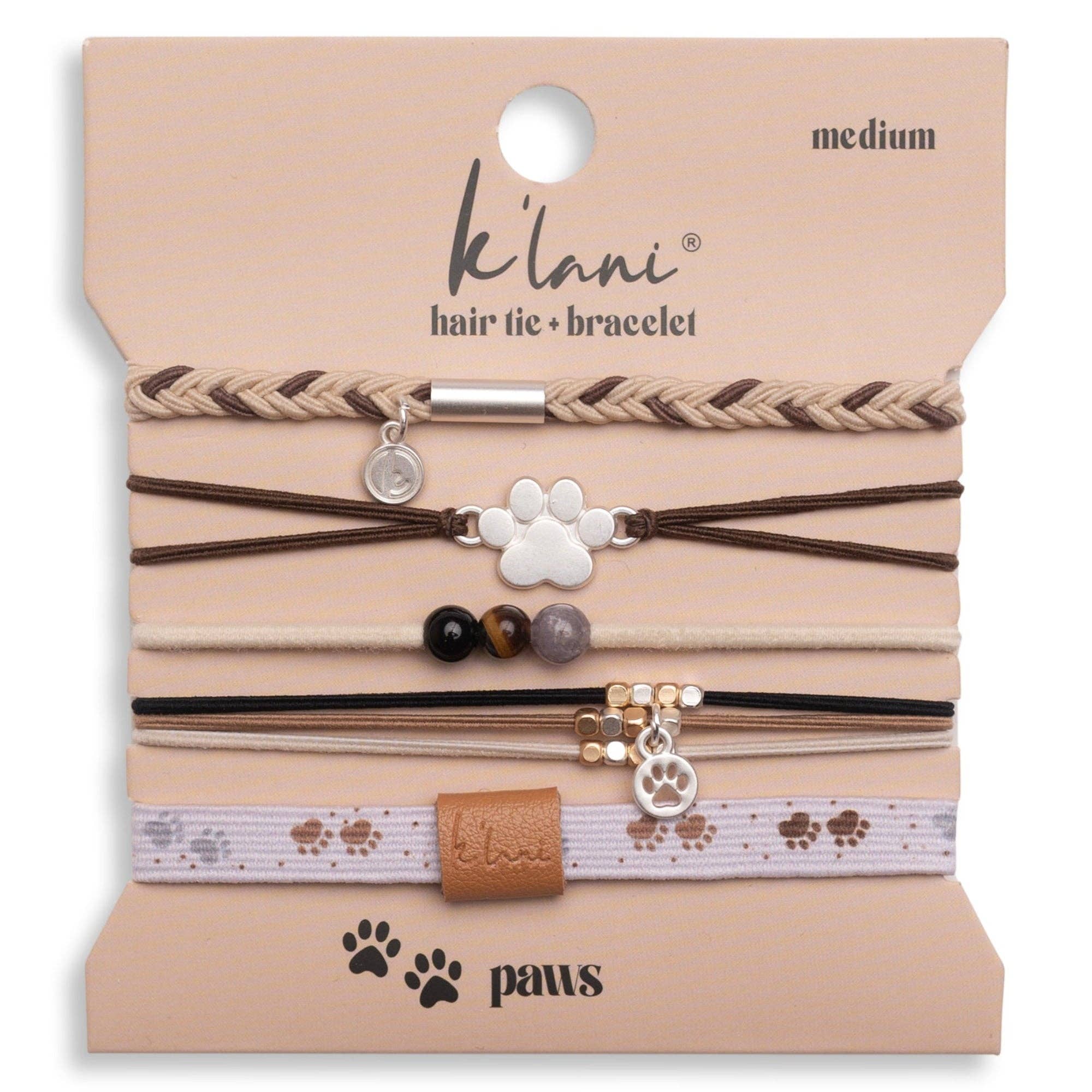 Paws hair tie bracelet set in natural tones with silver paw print charms
