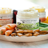 Hatch Chile Cream Cheese Dip with baby carrots, pretzels and cucumber sticks