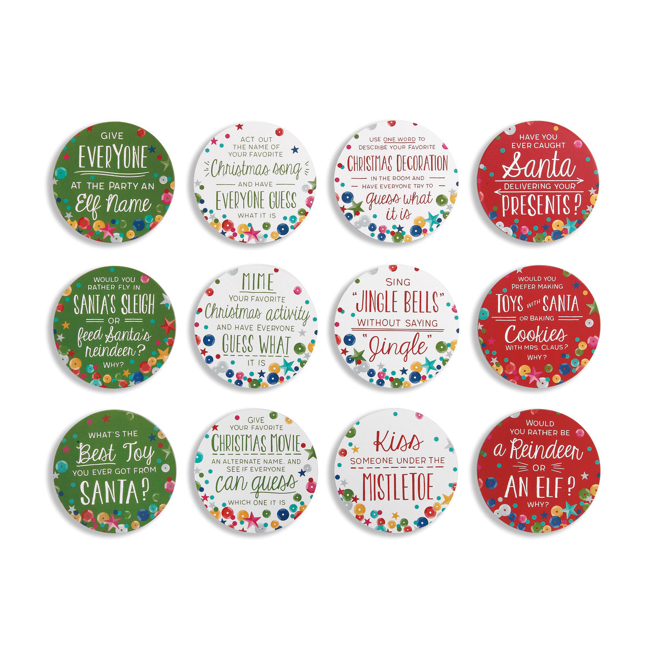 Twelve round coasters in green, white and red, each printed with a holiday question about elves, Santa or mistletoe
