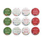 Twelve round coasters in green, white and red, each printed with a holiday question about elves, Santa or mistletoe