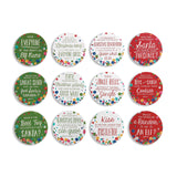 Twelve round coasters in green, white and red, each printed with a holiday question about elves, Santa or mistletoe