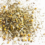 Loose chamomile flowers, spearmint and lemongrass used in Chamomile Mint tea