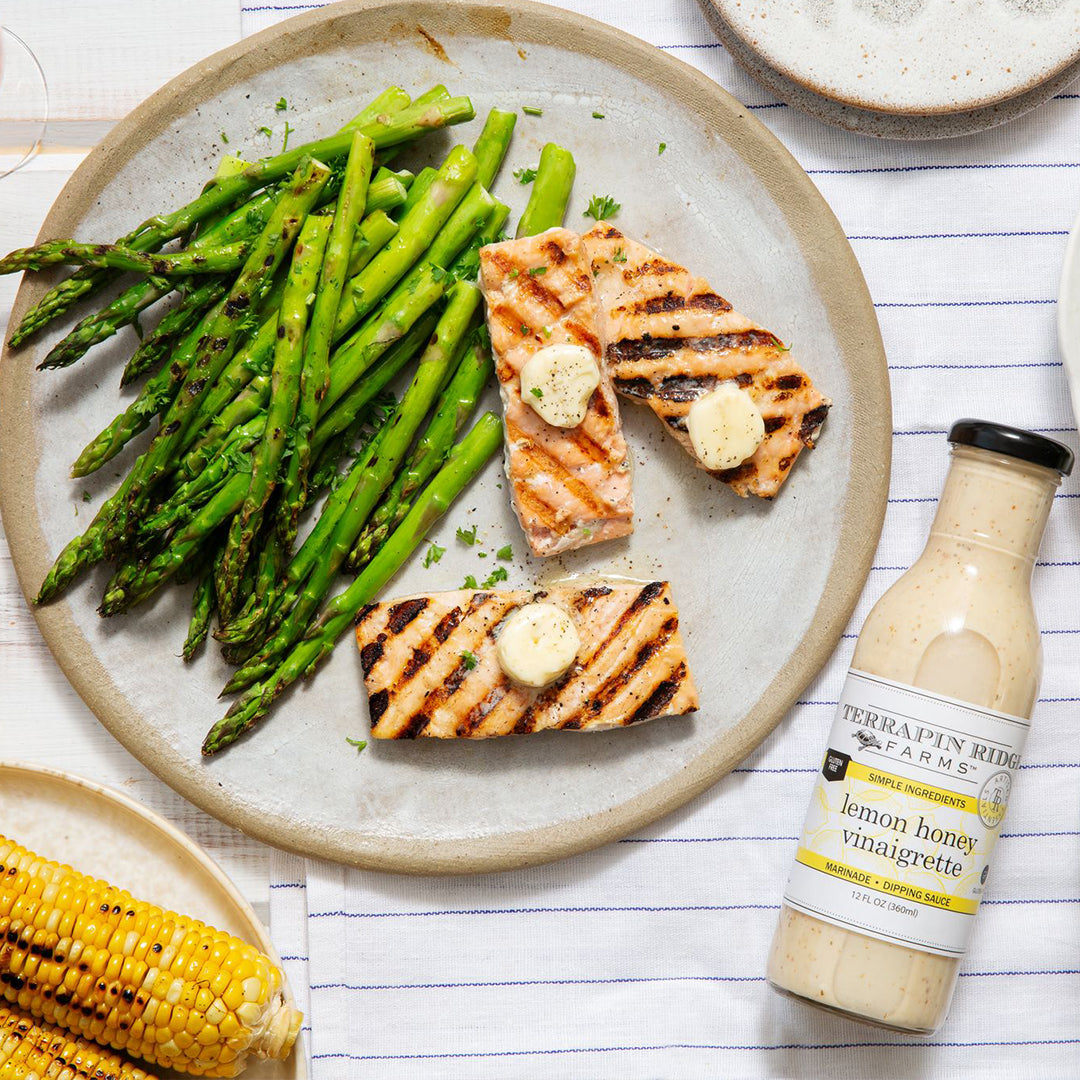 Grilled salmon, asparagus and corn with Lemon Honey Vinaigrette