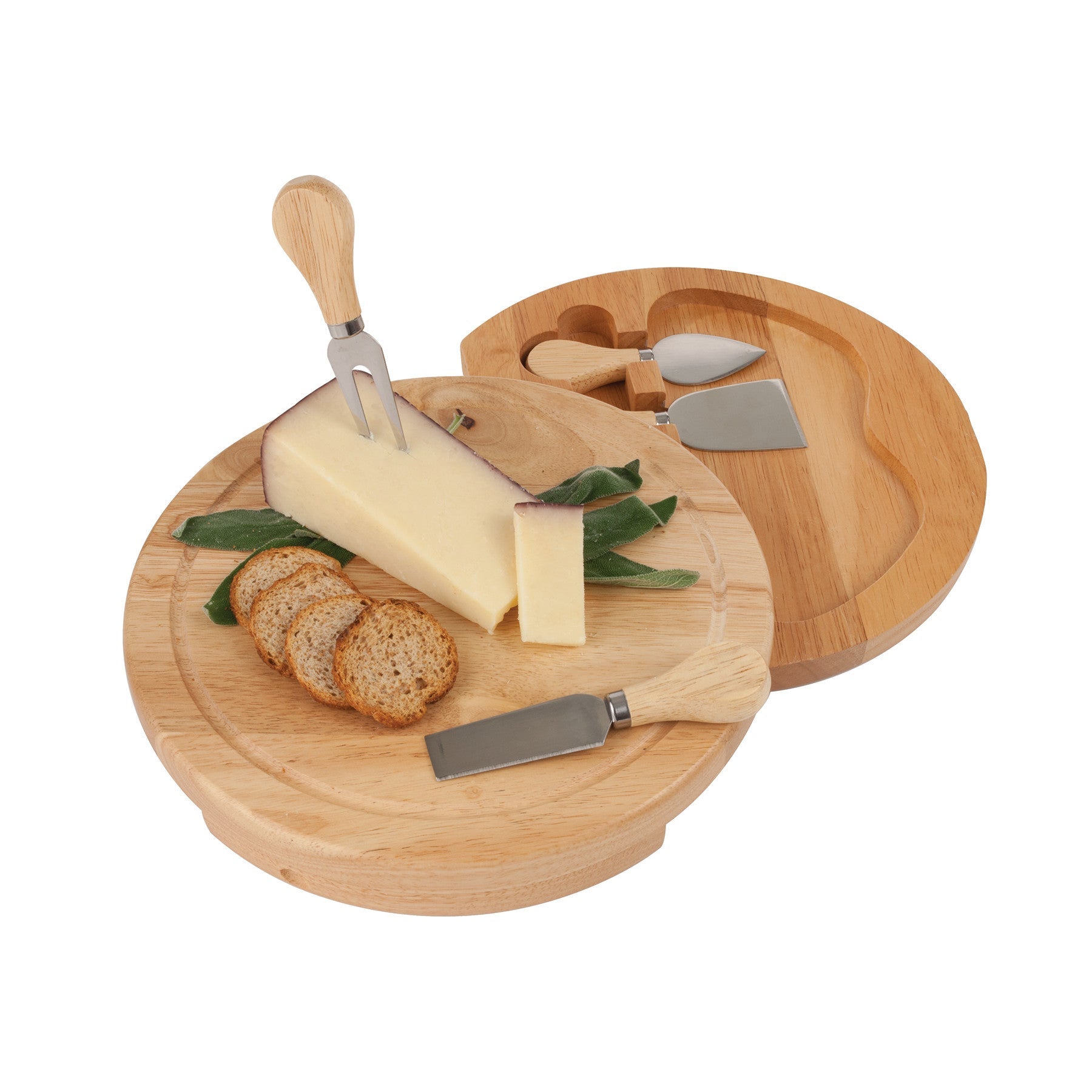 Camembert Rubber Wood Cheese Board & Tool Set with slide-out storage drawer