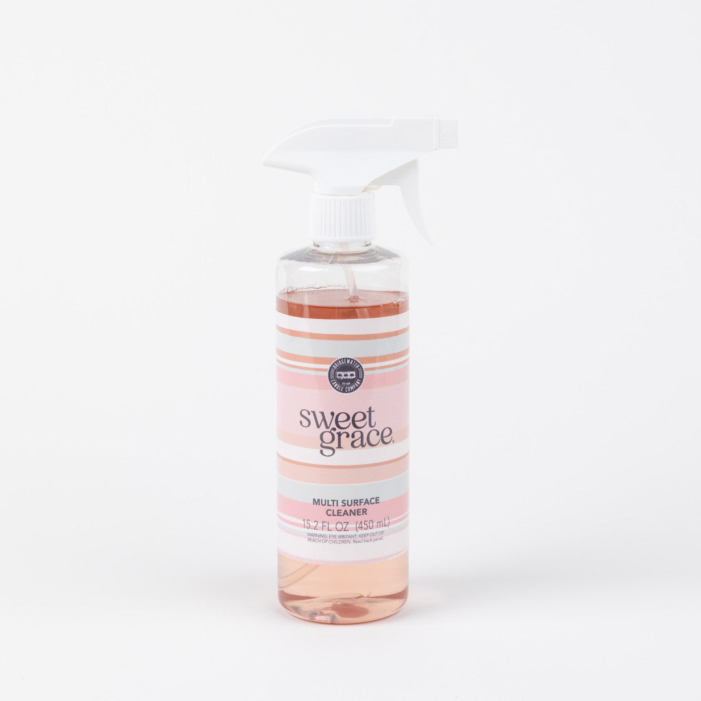 Bridgewater Sweet Grace multi-surface cleaner in a clear spray bottle with pink liquid and a white trigger nozzle, on a white background
