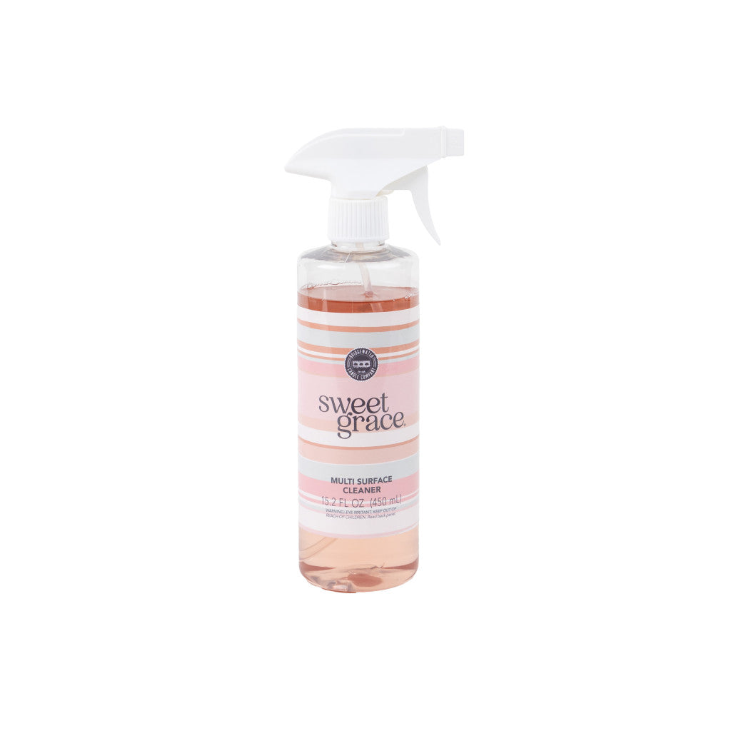 Bridgewater Sweet Grace multi-surface cleaner label detail showing 15.2 fl oz size and pink striped design