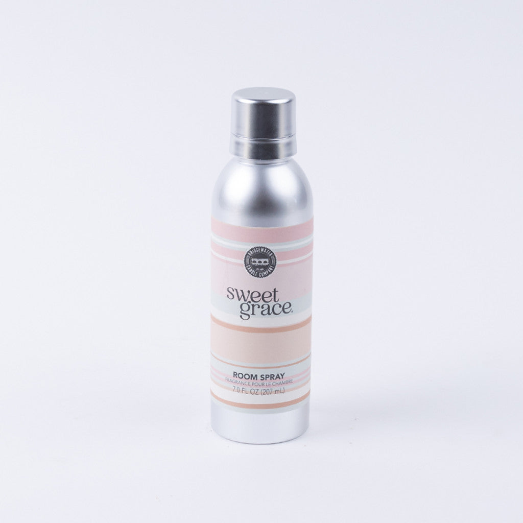 Bridgewater Sweet Grace non-aerosol room spray in a silver canister with a pink and beige label, 7 oz, on a white background