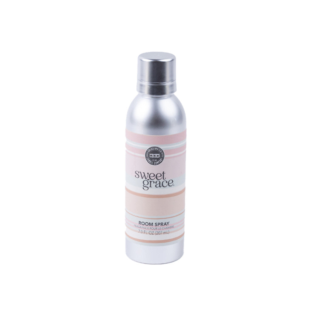 Bridgewater Sweet Grace room spray showing the silver can with soft pink and beige striped label