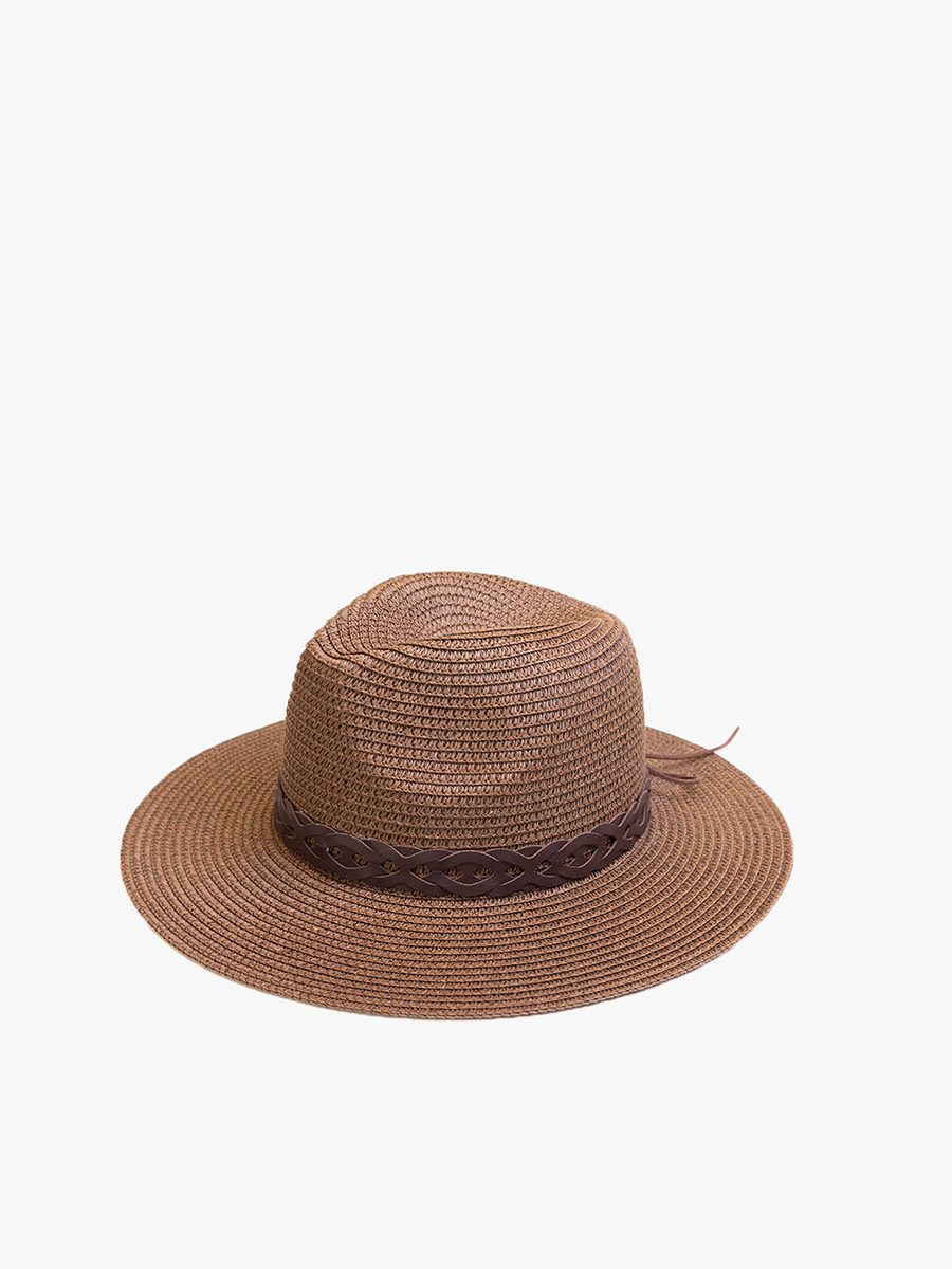 Mary Straw Fedora with vegan leather chain band in Brown