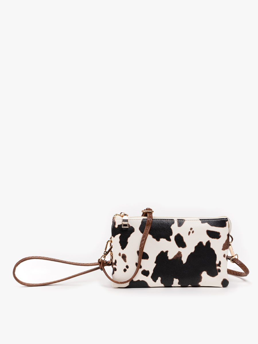 Riley Cow Print Crossbody Wristlet in White