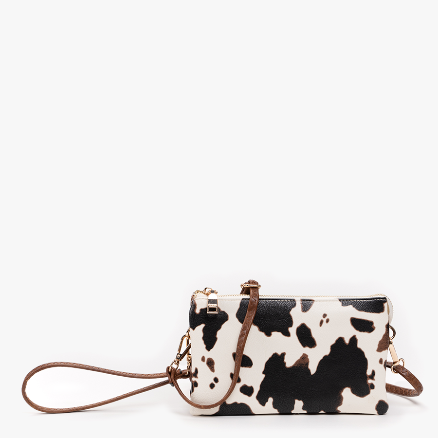 Riley Cow Print Crossbody Wristlet in White