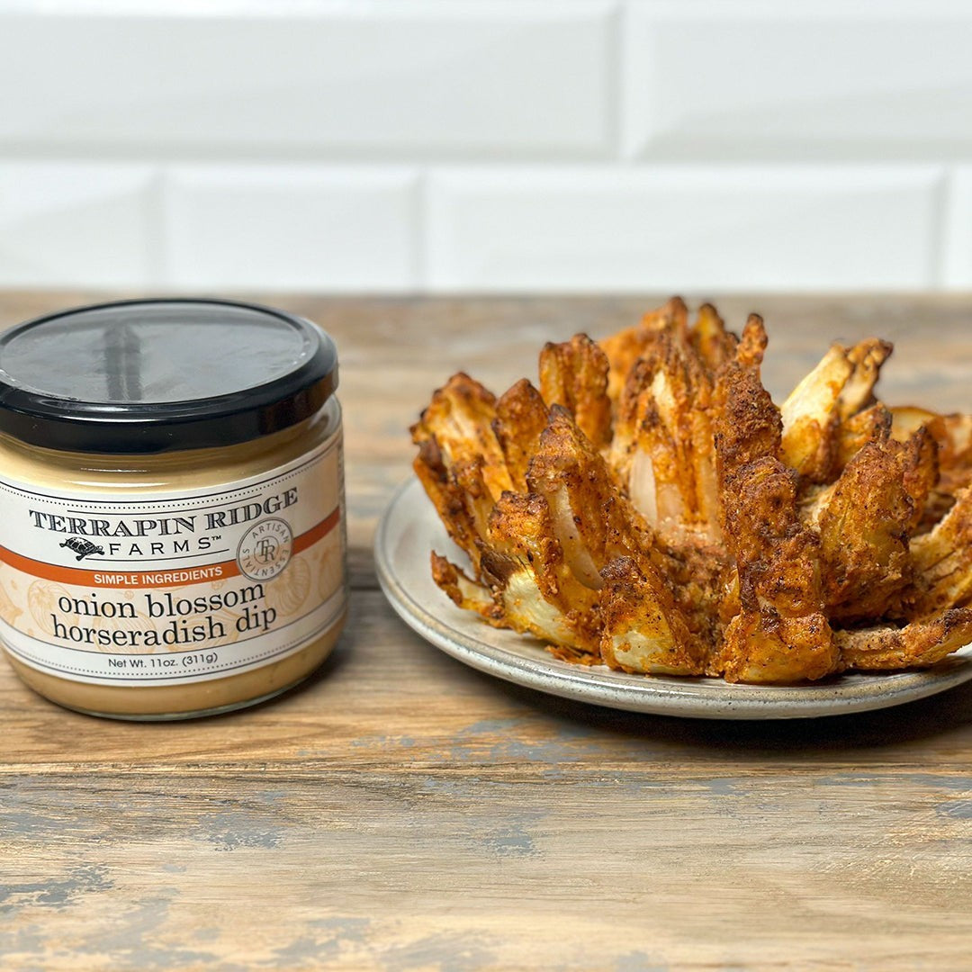 Onion Blossom Horseradish Dip served with a crispy blooming onion
