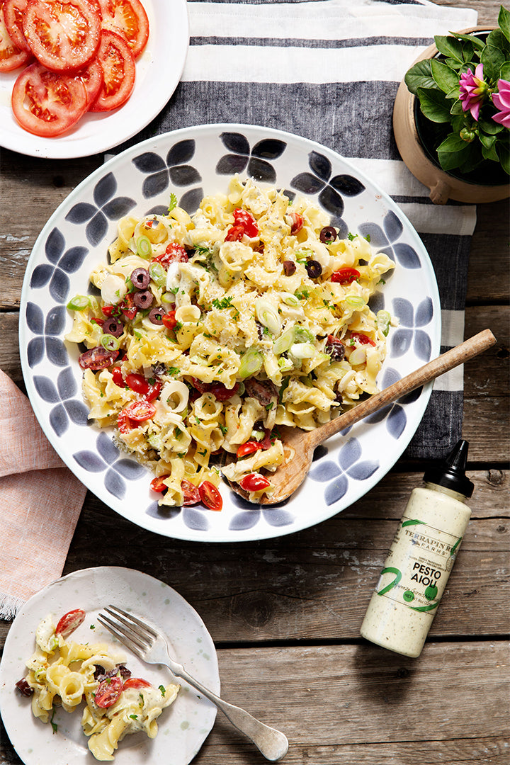 Pasta salad dressed with pesto aioli