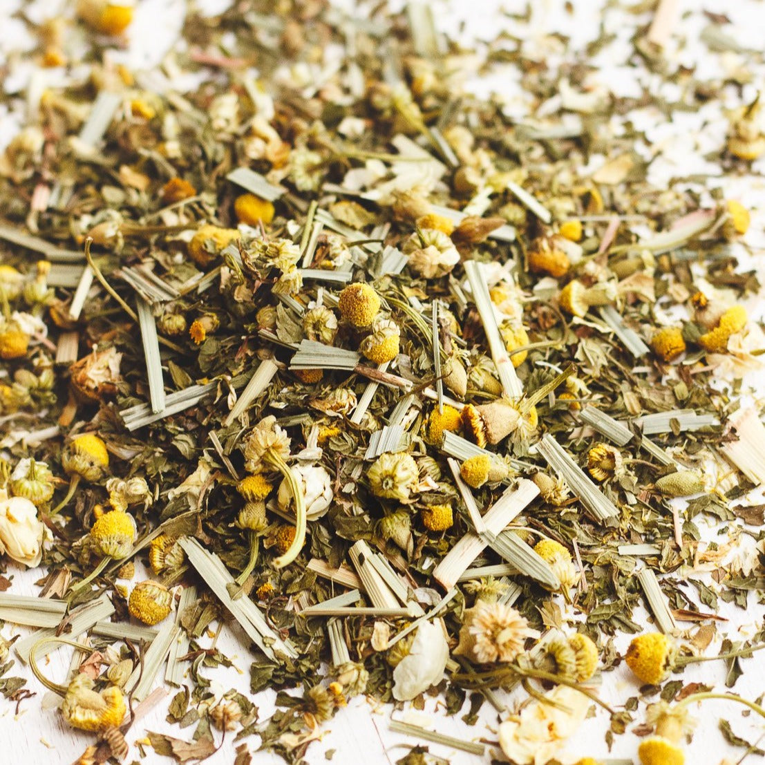 Loose chamomile, mint and lemongrass used in Cozy Night tea