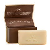 Man Bar Malt & Espresso box open showing the 10 oz soap bar
