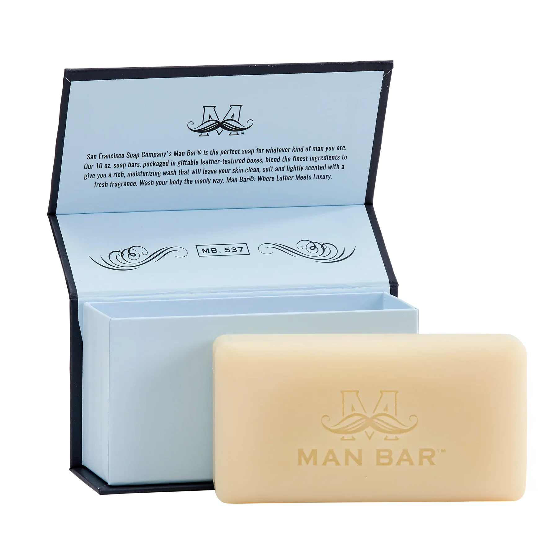 Man Bar Silver Sage & Bergamot box open showing the 10 oz soap bar
