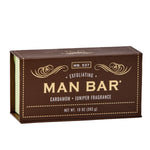 Man Bar 10 oz exfoliating bar soap in Cardamom & Juniper, brown gift box