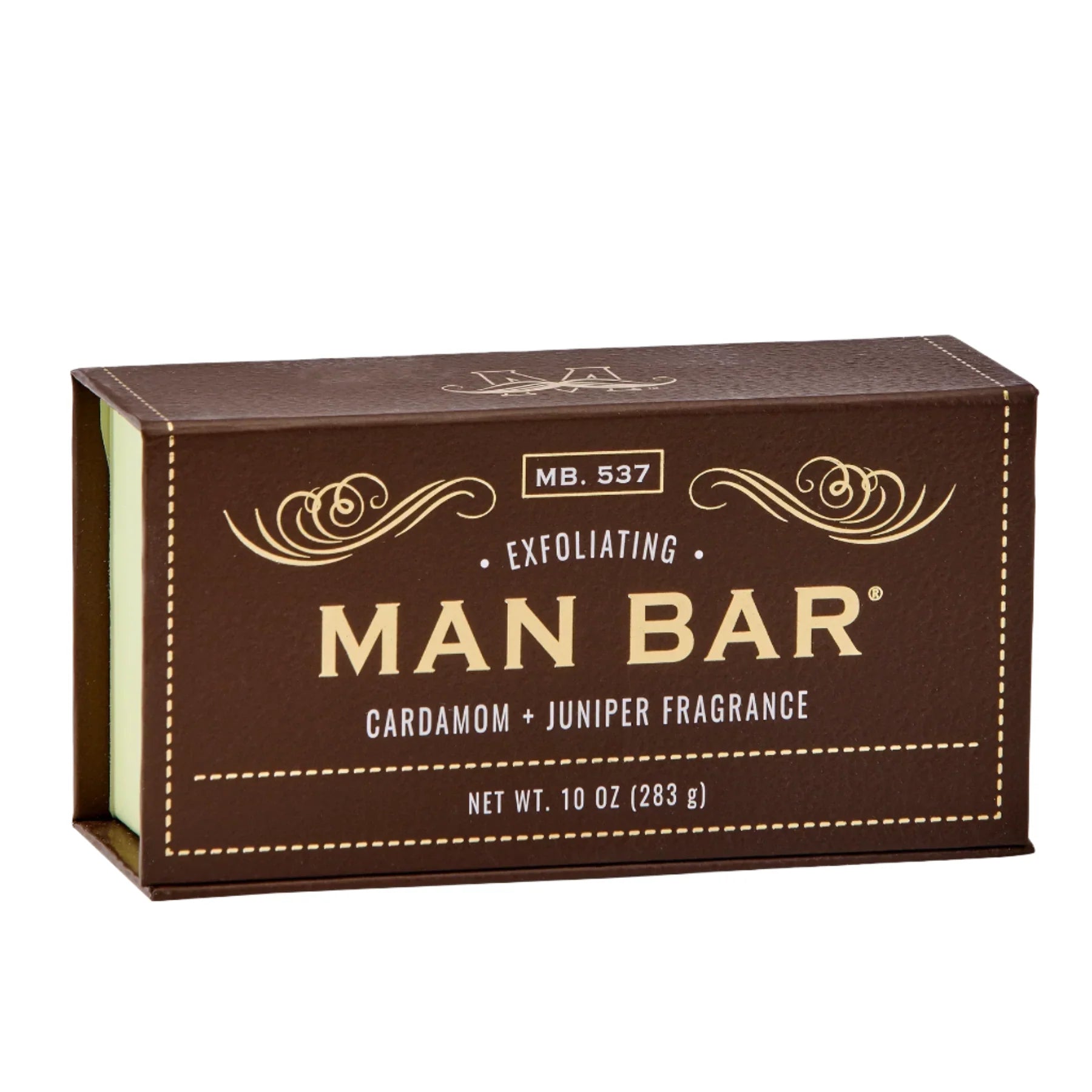 Man Bar 10 oz exfoliating bar soap in Cardamom & Juniper, brown gift box
