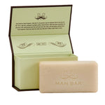 Man Bar Cardamom & Juniper box open showing the 10 oz soap bar