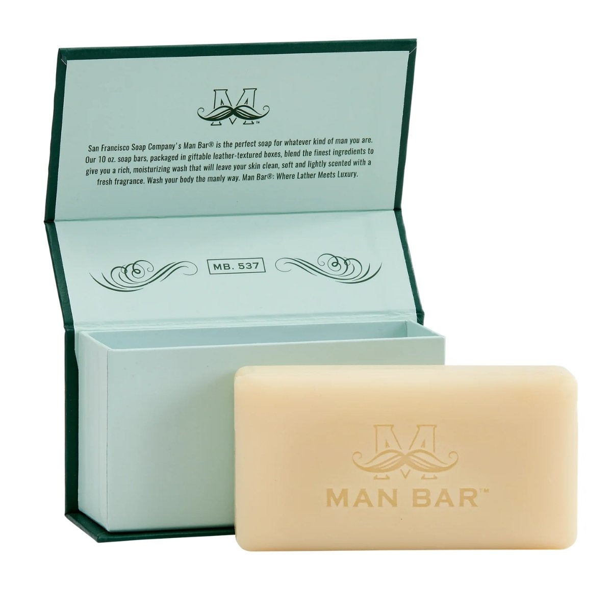 Man Bar Siberian Fir box open showing the 10 oz soap bar