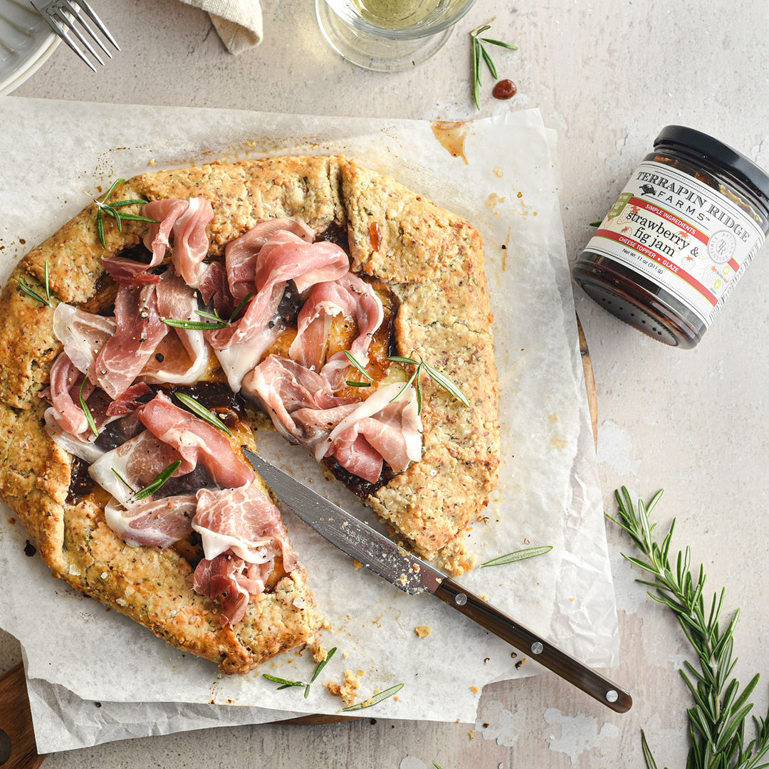 Prosciutto and rosemary galette with Strawberry & Fig Jam and white wine