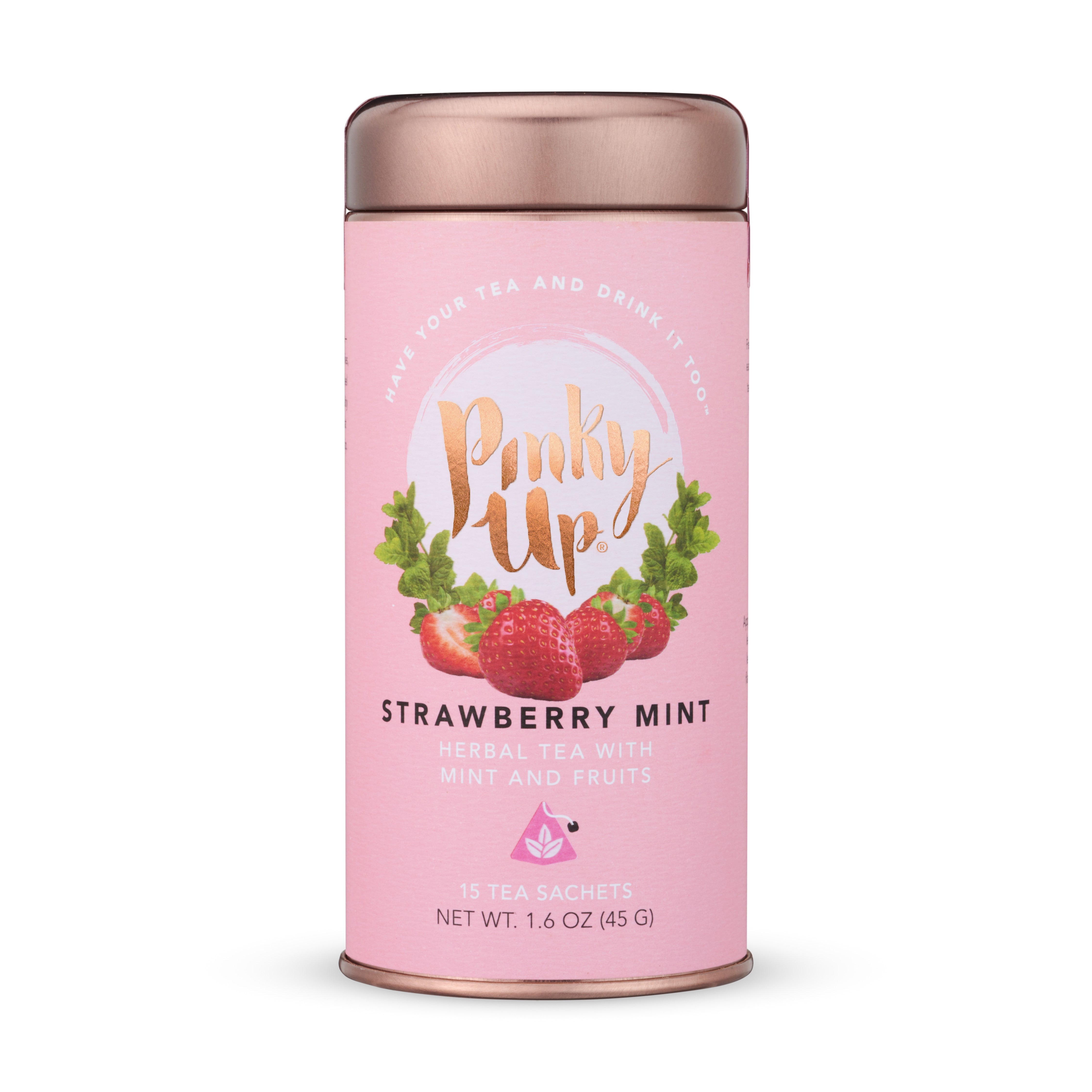 Pinky Up Strawberry Mint Herbal Tea, Compostable Pyramid Sachets, 15 Ct